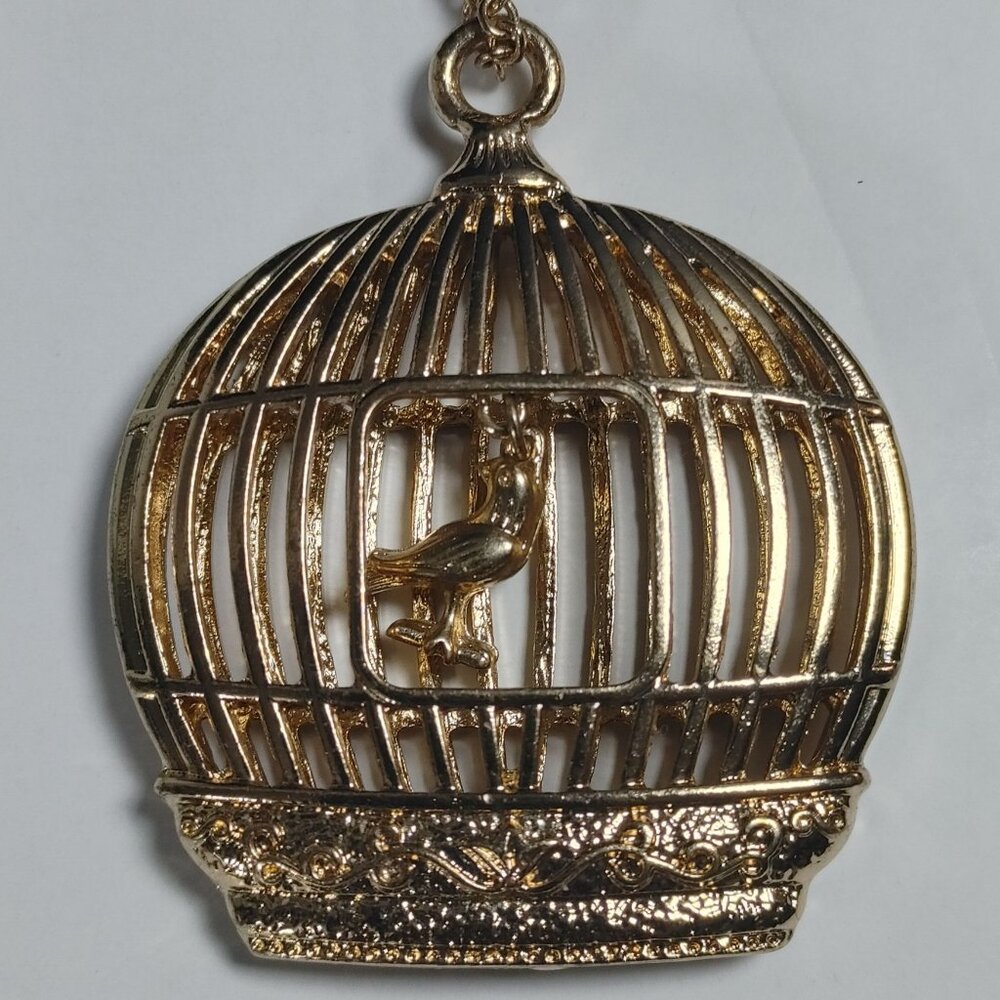 Bird Cage Pendant Necklace Articulated Moveable Bird Gold Plated Intricate
